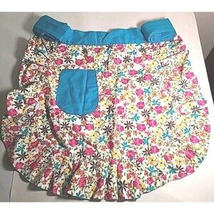 Adult Floral Half Apron Cotton Floral Pattern Ruffled Pocket 16” x 17” Mcm Retro